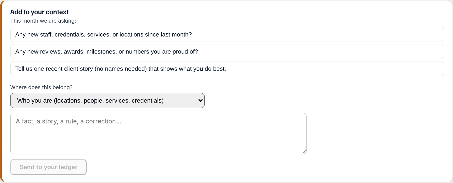 The Add to your context box: the dimension selector, the note field, and the Send to your ledger button.