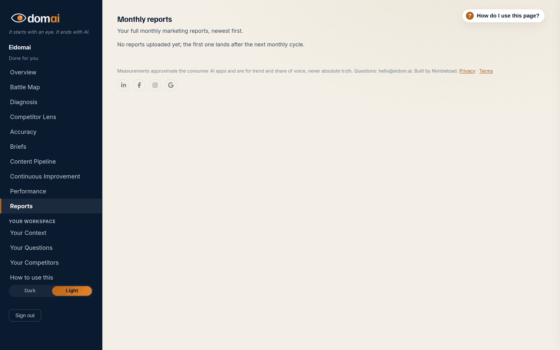 The Reports tab: monthly reports newest first, with Download the PDF on each.